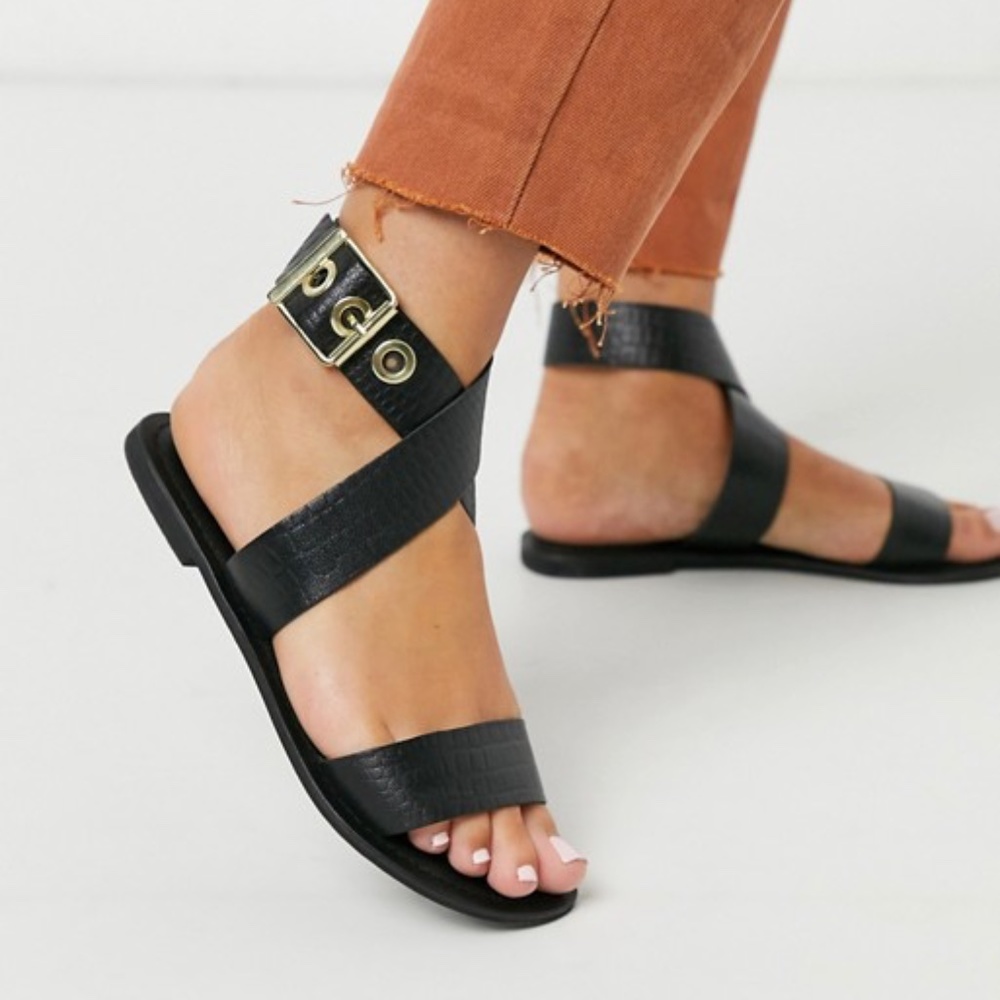 ASOS DESIGN Flossy leather cross strap flat sandal